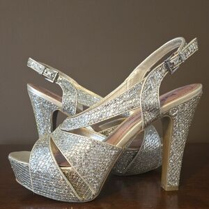 Pink & Pepper Gold Multi Texture Glitter Platform Slingback Heels Size 8.5 M